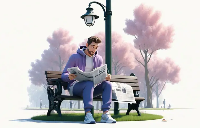 Park Scene with a Young Man Reading a Newspaper 3D Character Illustration image